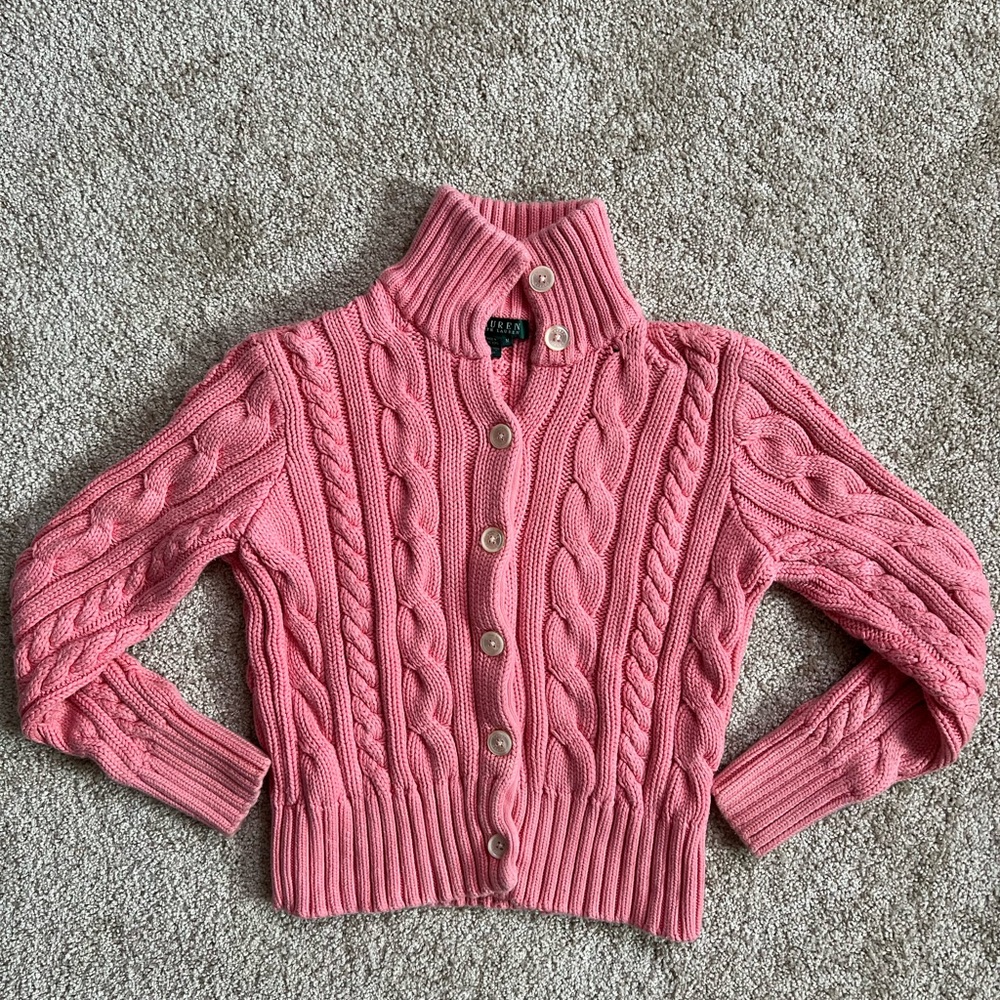 Ralph Lauren Pink Cable Knit Button-Up Cardigan Sweater